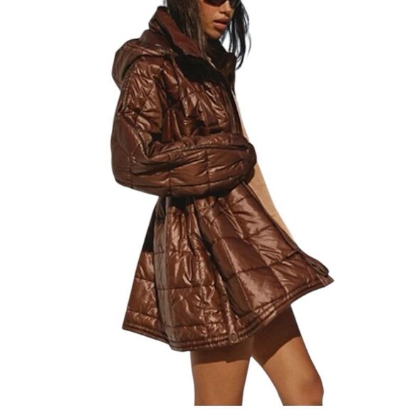 Free People Coat S Brown Movement Patricia‎ Packable Poncho Puffer Oversized - Picture 2 of 16
